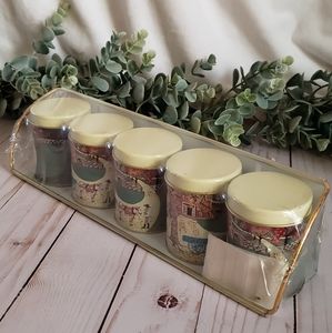 Vintage spice tins and shelf